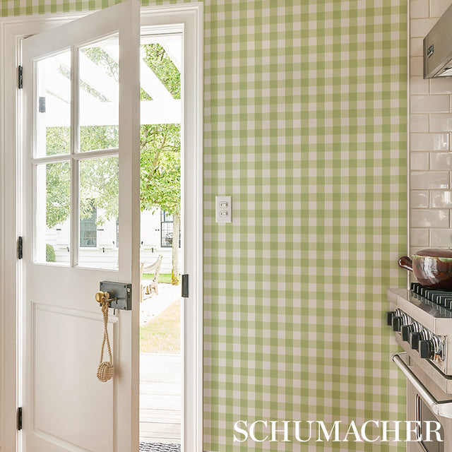 Willa Check Small Leaf by Schumacher Modern Green Gingham Plaid Wallpaper – Schumacher 5012362