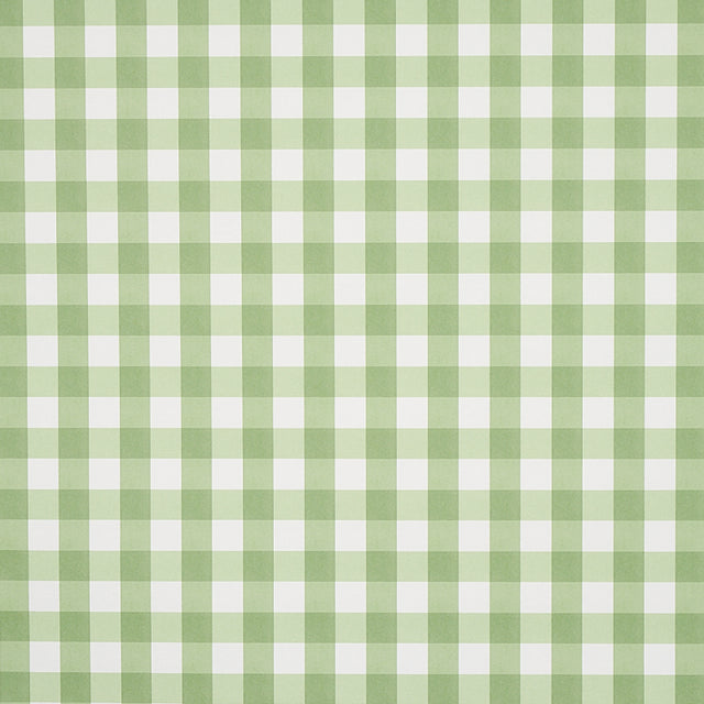 Willa Check Small in Leaf by Schumacher - a modern green and white gingham plaid wallpaper, shown in room and detail views.
