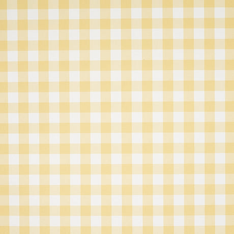 Willa Check Small yellow gingham plaid wallpaper by Schumacher shown in close-up and installed in a bright kitchen interior.