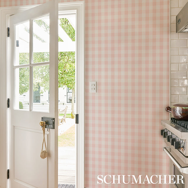 Willa Check Small Pink by Schumacher Modern Gingham Plaid Wallpaper – Schumacher 5012364