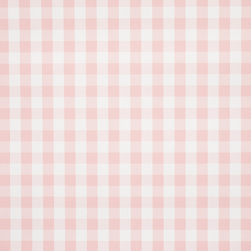 Willa Check Small pink gingham plaid wallpaper by Schumacher, shown in detail and installed in a bright kitchen setting.