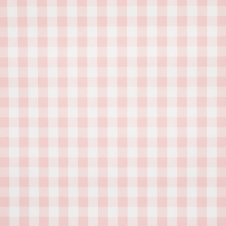 Willa Check Small pink gingham plaid wallpaper by Schumacher, shown in detail and installed in a bright kitchen setting.