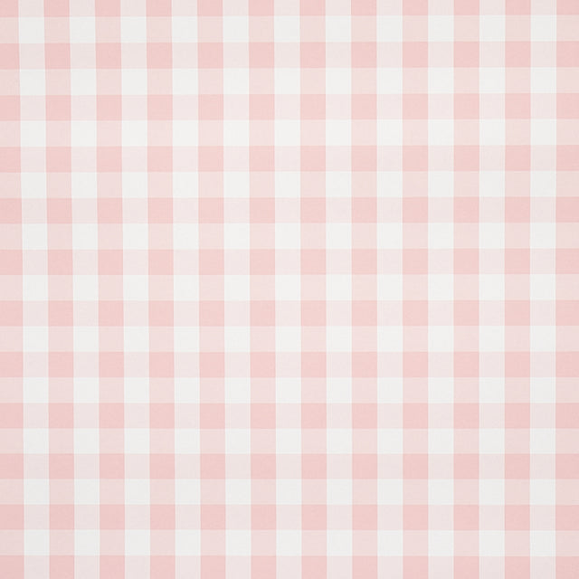 Willa Check Small pink gingham plaid wallpaper by Schumacher, shown in detail and installed in a bright kitchen setting.