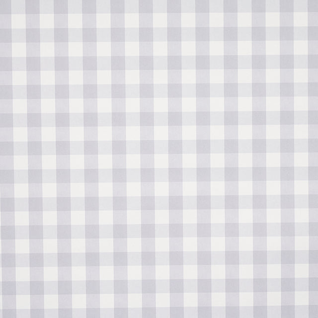 Willa Check Small lavender gingham plaid wallpaper by Schumacher, shown in a modern kitchen and as a close-up of the pattern.