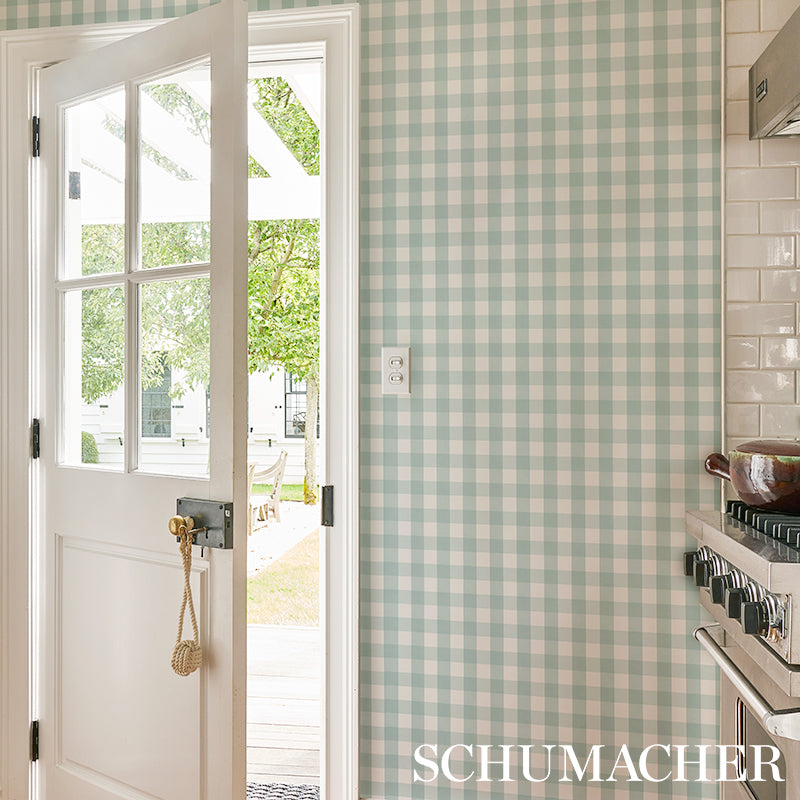 Willa Check Small Seaglass by Schumacher Modern Plaid Gingham Wallpaper – Schumacher 5012366