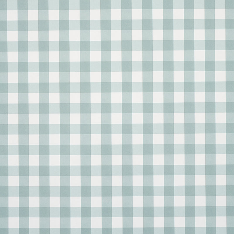 Willa Check Small wallpaper in Seaglass by Schumacher, a modern gingham plaid wallcovering in soft blue-green tones.