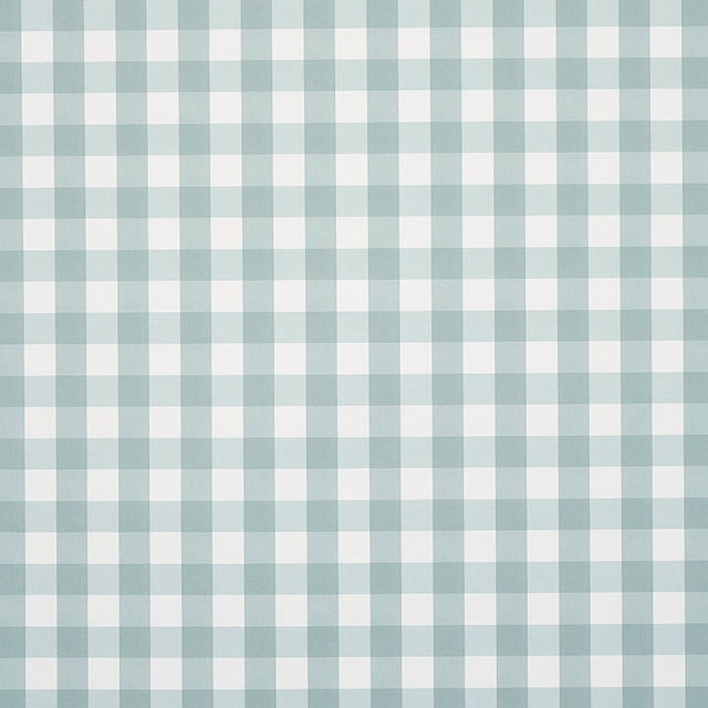 Willa Check Small wallpaper in Seaglass by Schumacher, a modern gingham plaid wallcovering in soft blue-green tones.