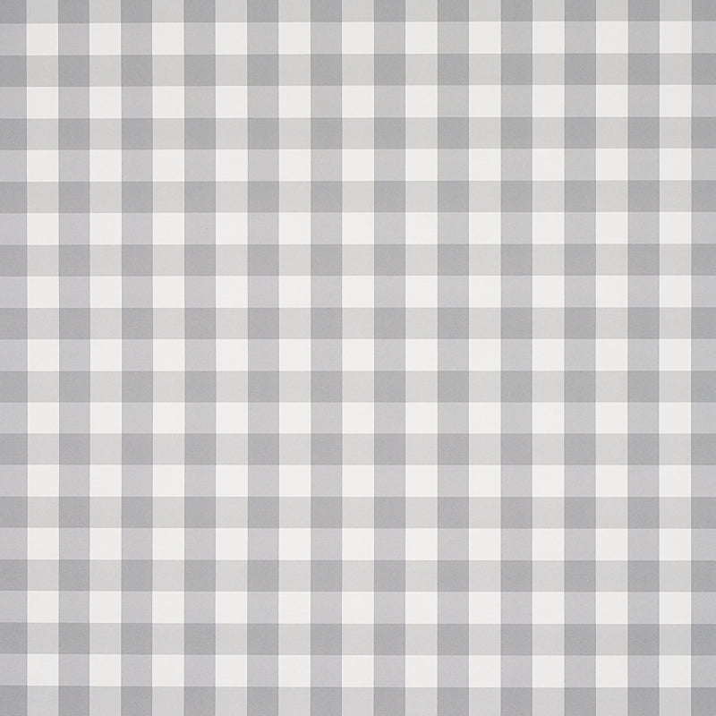 Willa Check Small grey gingham plaid wallpaper by Schumacher shown in detail and installed in a kitchen interior.