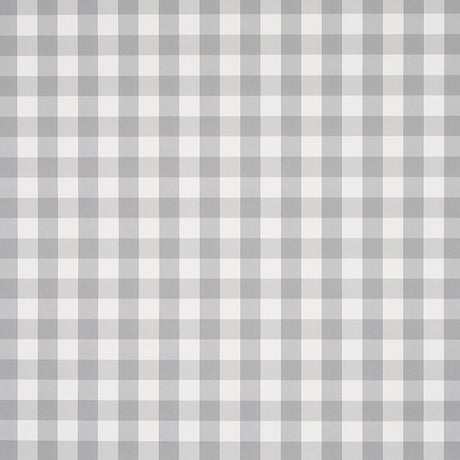 Willa Check Small grey gingham plaid wallpaper by Schumacher shown in detail and installed in a kitchen interior.