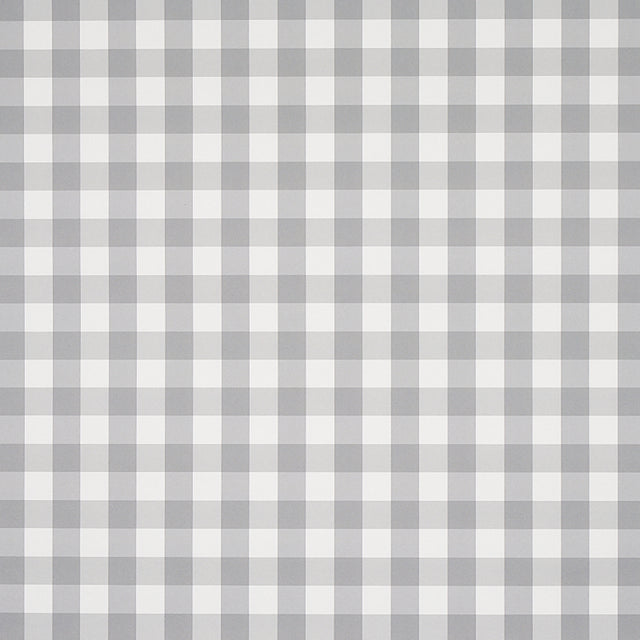 Willa Check Small grey gingham plaid wallpaper by Schumacher shown in detail and installed in a kitchen interior.
