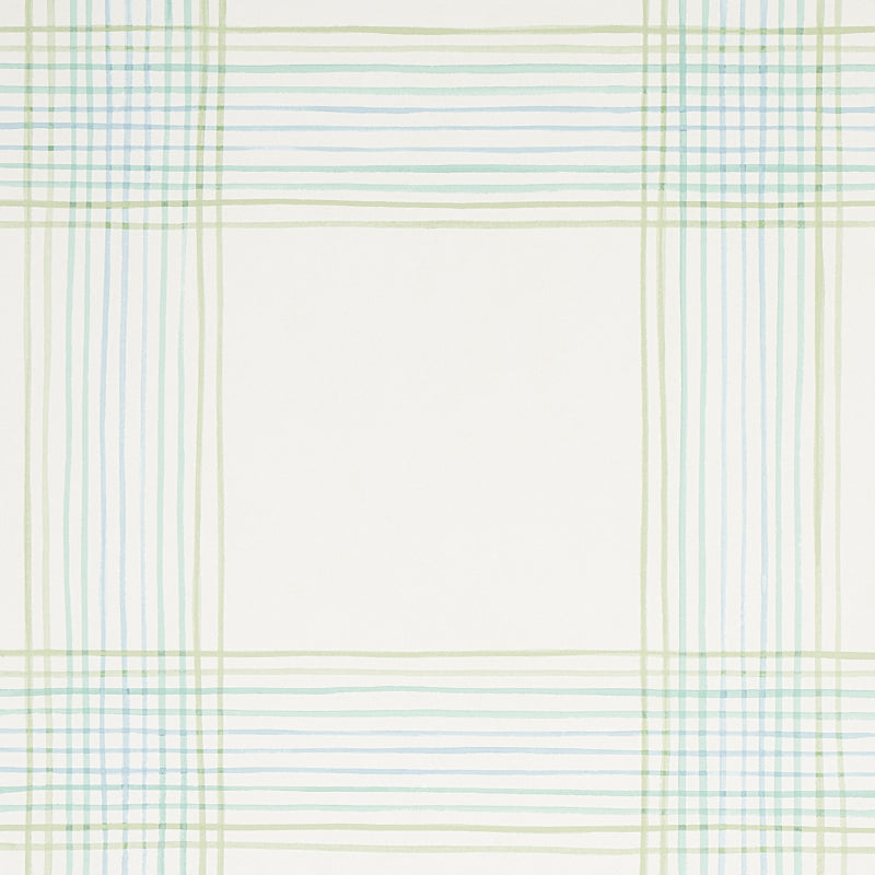 Minerva Plaid wallpaper in Peacock by Schumacher, a watercolor-effect plaid wallcovering in blue and green tones, shown in room and detail views.