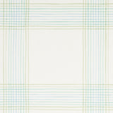 Minerva Plaid wallpaper in Peacock by Schumacher, a watercolor-effect plaid wallcovering in blue and green tones, shown in room and detail views.