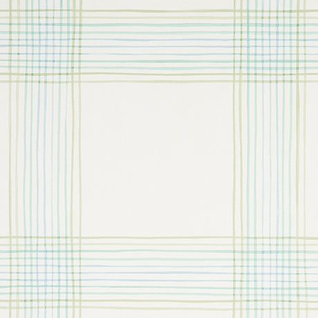Minerva Plaid wallpaper in Peacock by Schumacher, a watercolor-effect plaid wallcovering in blue and green tones, shown in room and detail views.