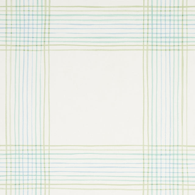 Minerva Plaid wallpaper in Peacock by Schumacher, a watercolor-effect plaid wallcovering in blue and green tones, shown in room and detail views.
