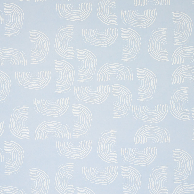 Quansoo wallpaper in Ivory on Sky by Caroline Z Hurley for Schumacher, featuring painterly rainbow-shaped curves on a soft blue background.