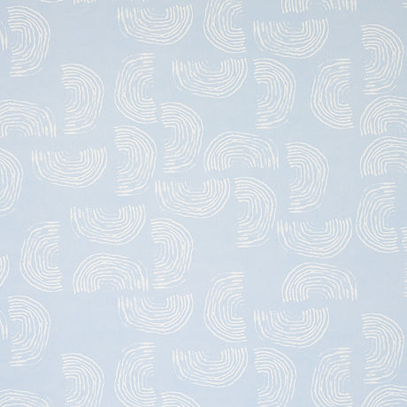 Quansoo wallpaper in Ivory on Sky by Caroline Z Hurley for Schumacher, featuring painterly rainbow-shaped curves on a soft blue background.