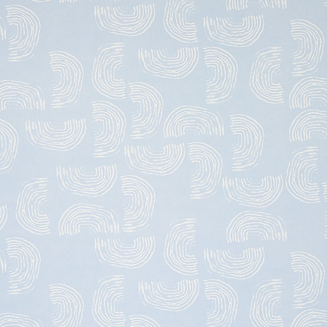Quansoo wallpaper in Ivory on Sky by Caroline Z Hurley for Schumacher, featuring painterly rainbow-shaped curves on a soft blue background.