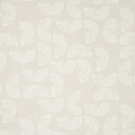 Quansoo wallpaper in ivory on neutral by Caroline Z Hurley for Schumacher, featuring painterly rainbow-shaped curves in a modern bedroom setting.