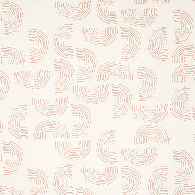 Quansoo wallpaper in coral on ivory by Caroline Z Hurley for Schumacher, featuring painterly rainbow-shaped curves.
