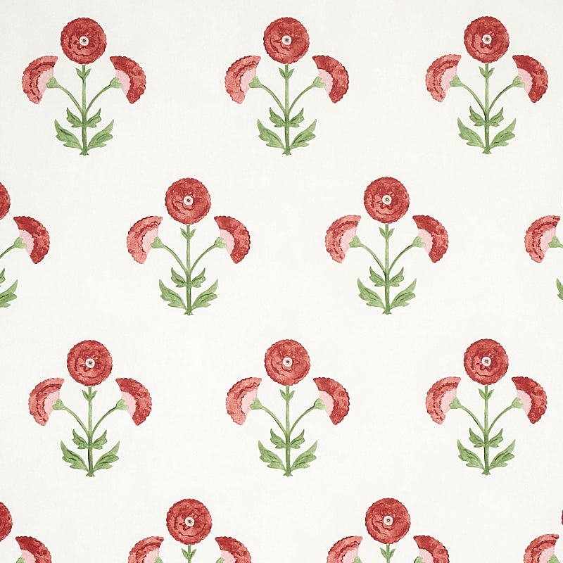 Saranda Flower wallpaper in cardinal red with stylized floral pattern by Schumacher, shown in a bright bathroom setting.