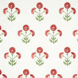 Saranda Flower wallpaper in cardinal red with stylized floral pattern by Schumacher, shown in a bright bathroom setting.
