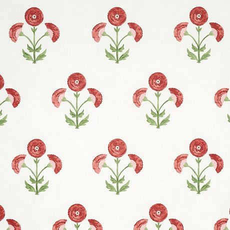 Saranda Flower wallpaper in cardinal red with stylized floral pattern by Schumacher, shown in a bright bathroom setting.