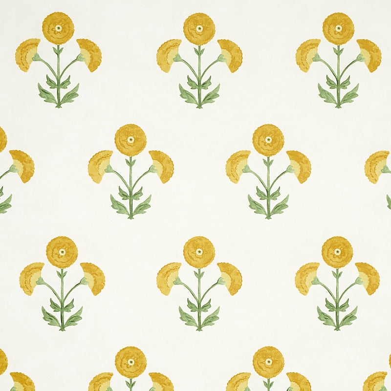 Saranda Flower wallpaper in Marigold by Schumacher, featuring stylized yellow marigold flowers on a fibrous background.
