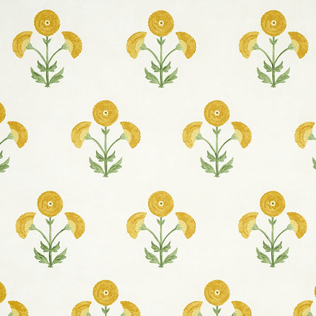 Saranda Flower wallpaper in Marigold by Schumacher, featuring stylized yellow marigold flowers on a fibrous background.