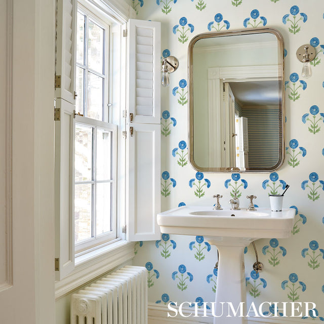 Saranda Flower Royal by Schumacher Painterly Blue Floral Wallpaper – Schumacher 5012412