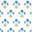 Saranda Flower wallpaper in Royal by Schumacher, featuring stylized blue flowers on a white background.