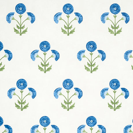 Saranda Flower wallpaper in Royal by Schumacher, featuring stylized blue flowers on a white background.