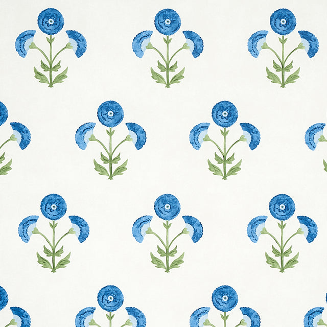Saranda Flower wallpaper in Royal by Schumacher, featuring stylized blue flowers on a white background.