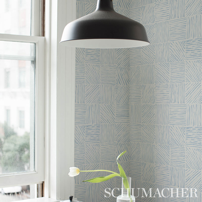 Katama Blue on Ivory by Caroline Z Hurley Modern Linear Block Wallpaper – Schumacher 5012421