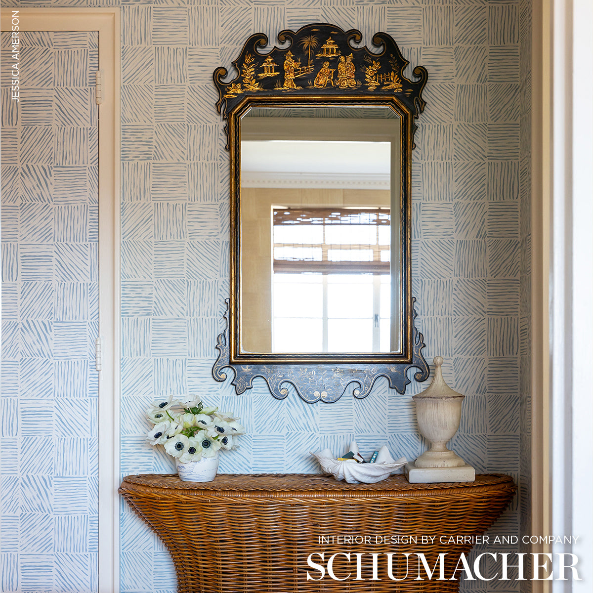 Katama Blue on Ivory by Caroline Z Hurley Modern Linear Block Wallpaper – Schumacher 5012421