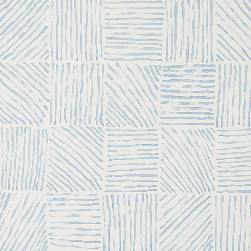 Katama blue on ivory linear block pattern wallpaper by Caroline Z Hurley for Schumacher, shown in a modern interior setting.