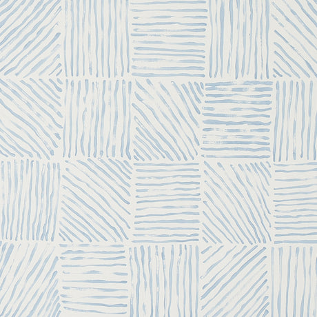 Katama blue on ivory linear block pattern wallpaper by Caroline Z Hurley for Schumacher, shown in a modern interior setting.