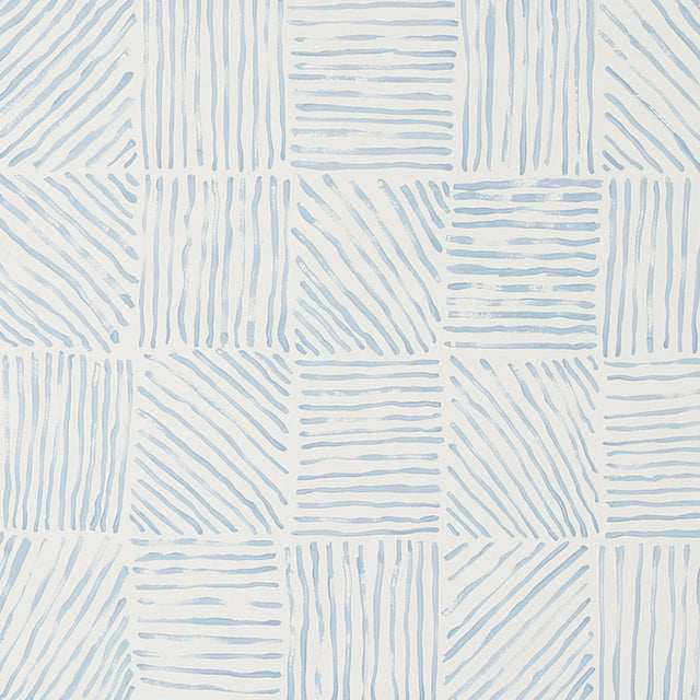 Katama blue on ivory linear block pattern wallpaper by Caroline Z Hurley for Schumacher, shown in a modern interior setting.
