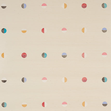 Joshua Tree Hand Printed Sisal wallpaper in multi-on-ivory with hand screen printed colorful moons by Caroline Z Hurley for Schumacher.