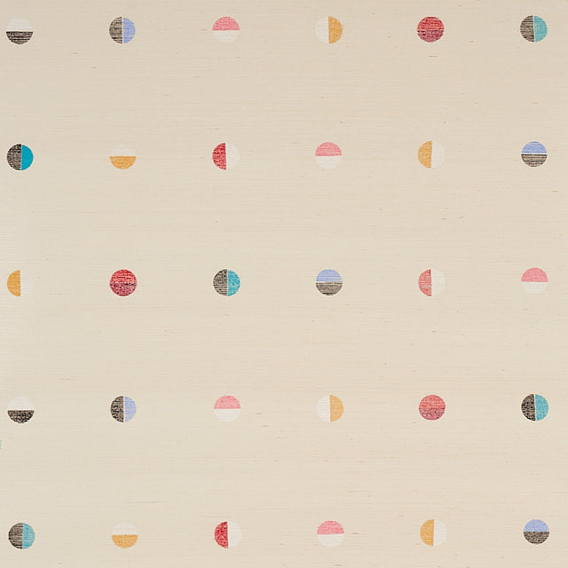Joshua Tree Hand Printed Sisal wallpaper in multi-on-ivory with hand screen printed colorful moons by Caroline Z Hurley for Schumacher.