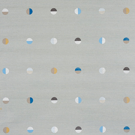 Joshua Tree Hand Printed Sisal wallpaper in Mineral by Caroline Z Hurley for Schumacher, featuring hand screen printed moons on a textured ground.