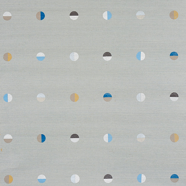Joshua Tree Hand Printed Sisal wallpaper in Mineral by Caroline Z Hurley for Schumacher, featuring hand screen printed moons on a textured ground.