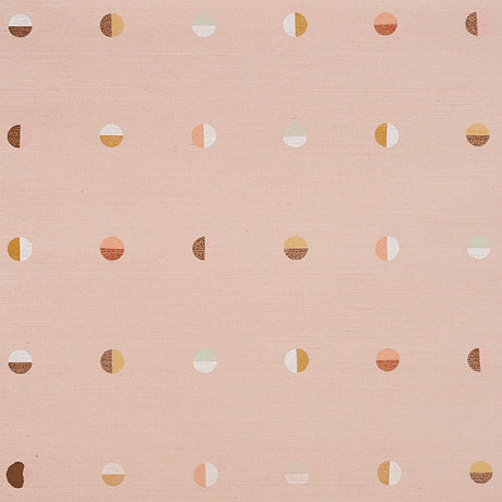 Joshua Tree Hand Printed Sisal wallpaper in Petal by Caroline Z Hurley for Schumacher, featuring hand screen printed moons on a pink sisal background.