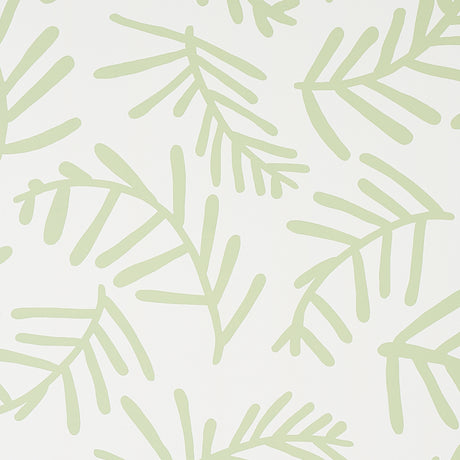 TIAH COVE wallpaper in Sage Leaf by Caroline Z Hurley for Schumacher, modern botanical wallcovering with abstract green leaf pattern.