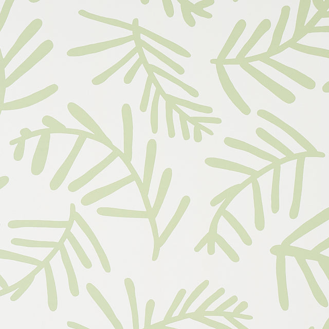 TIAH COVE wallpaper in Sage Leaf by Caroline Z Hurley for Schumacher, modern botanical wallcovering with abstract green leaf pattern.