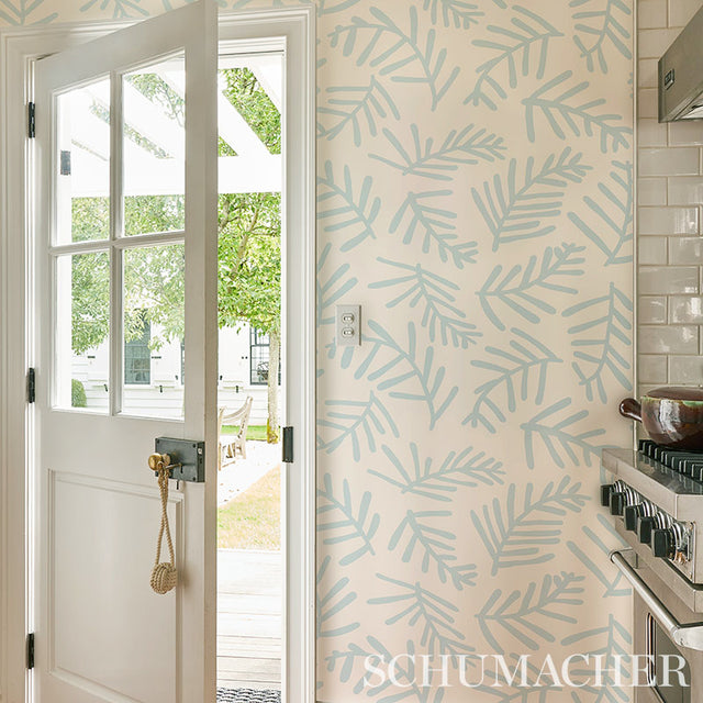 Tiah Cove Blue Leaf by Schumacher Caroline Z Hurley Collection Wallpaper – Schumacher 5012451