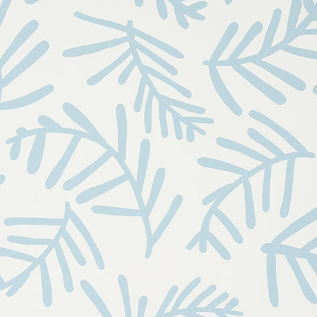 Tiah Cove Blue Leaf wallpaper by Schumacher, featuring a modern botanical leaf pattern in blue on a white background.