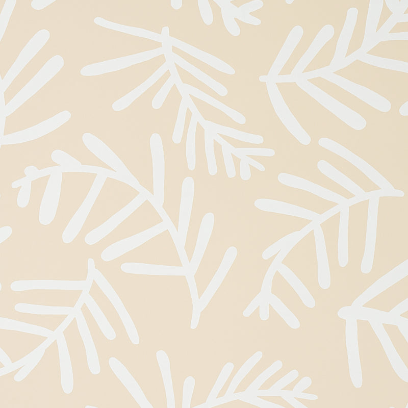 TIAH COVE wallpaper in Ivory on Natural by Caroline Z Hurley for Schumacher, abstract botanical pattern shown in kitchen interior.