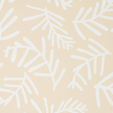 TIAH COVE wallpaper in Ivory on Natural by Caroline Z Hurley for Schumacher, abstract botanical pattern shown in kitchen interior.