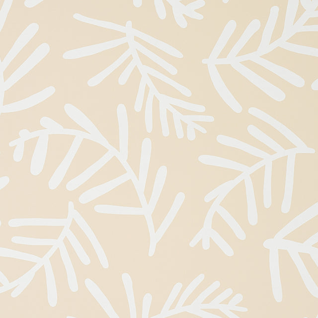 TIAH COVE wallpaper in Ivory on Natural by Caroline Z Hurley for Schumacher, abstract botanical pattern shown in kitchen interior.