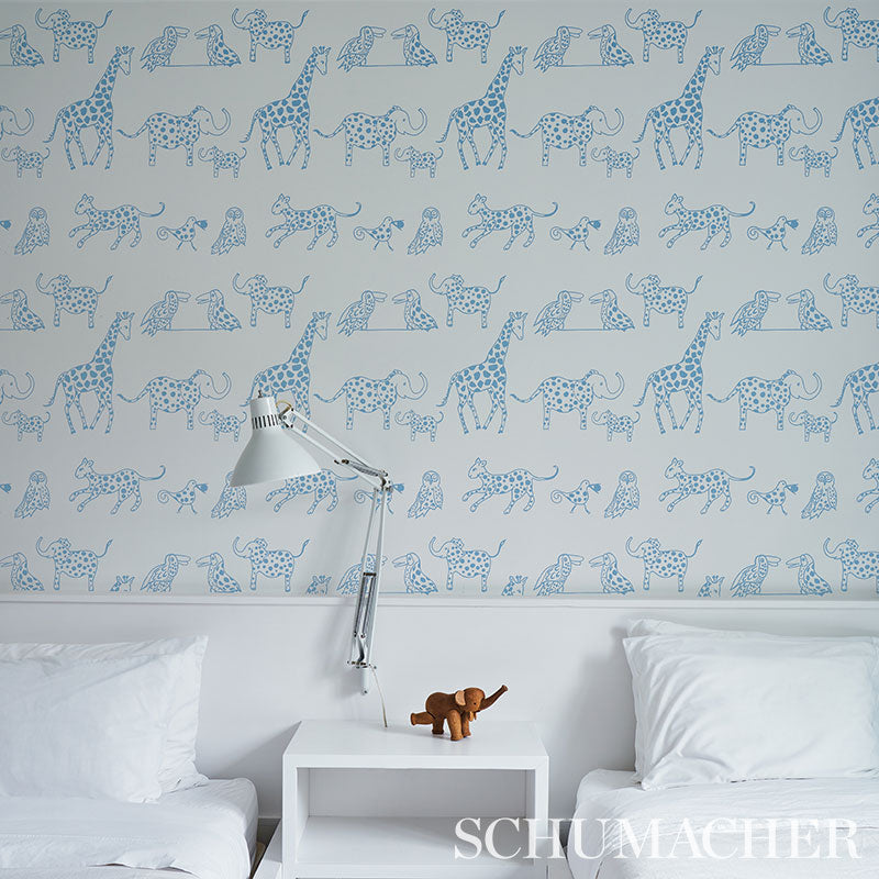 Jungle Jubilee Blue by Schumacher Playful Animal Wallpaper – Schumacher 5012470